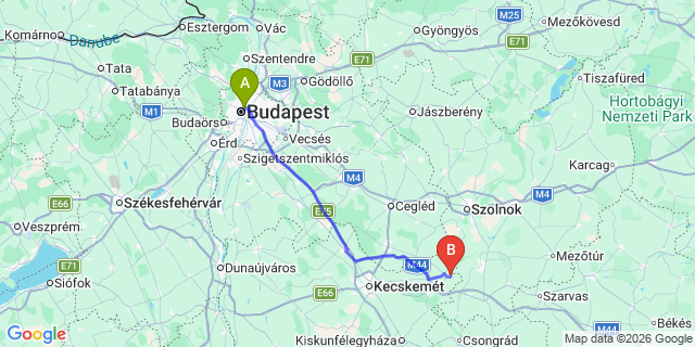 Map: Budapest Nyugati Train Station to Tiszakécske