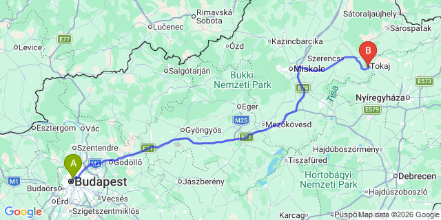 Map: Budapest Nyugati Train Station to Tokaj
