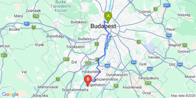 Map: Budapest Nyugati Train Station to Tököl
