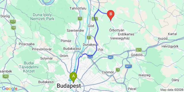 Map: Budapest Nyugati Train Station to Vácrátót