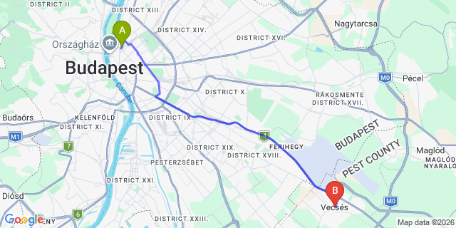 Map: Budapest Nyugati Train Station to Vecsés