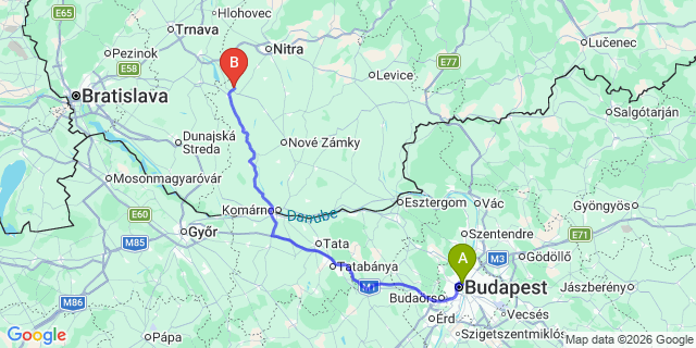 Map: Veszprém to Budapest Nyugati Train Station
