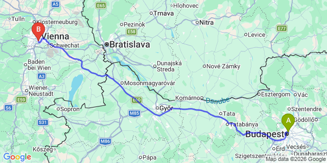 Map: Budapest Nyugati Train Station to Vienna city (all areas)