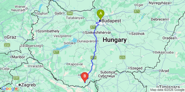 Map: Budapest Nyugati Train Station to Villány