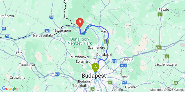 Map: Budapest Nyugati Train Station to Zebegény