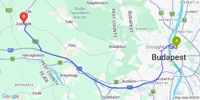 Map: Budapest Nyugati Train Station to Zsámbék