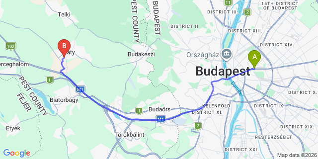 Map: Budapest Keleti Train Station to Biatorbágy