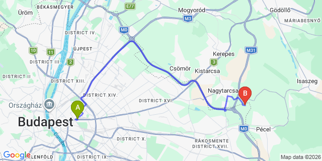 Map: Budapest Keleti Train Station to Dabas