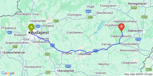 Map: Budapest Keleti Train Station to Hortobágy