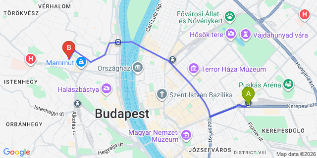 Map: Budapest Keleti Train Station to Pomáz