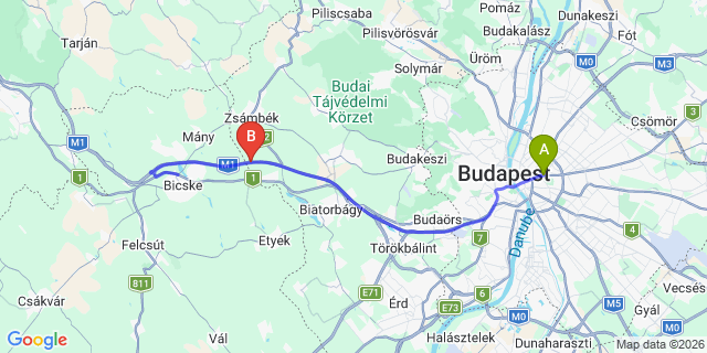 Map: Budapest Keleti Train Station to Zsámbék