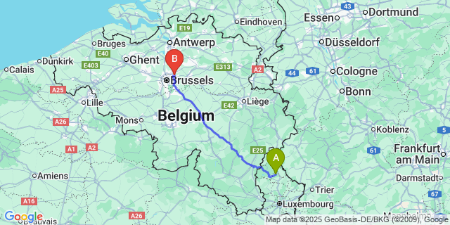 Map: Brussels Zaventem Airport (BRU) to Bourscheid