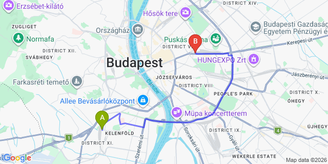 Map: Budapest Kelenföld Train Station to Leányfalu