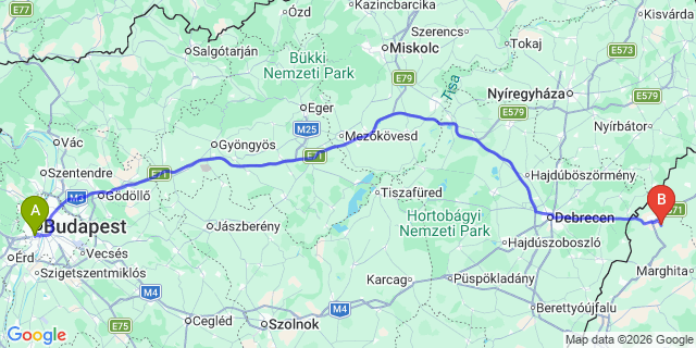 Map: Budapest Kelenföld Train Station to Záhony