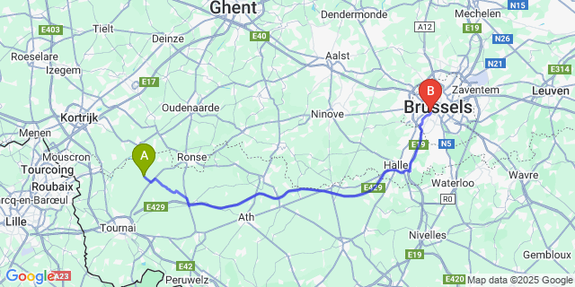 Map: Brussels Midi Train Station to Celles