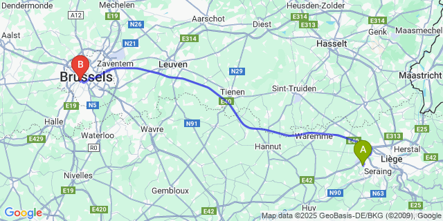 Map: Brussels Midi Train Station to Mons-lez-Liège