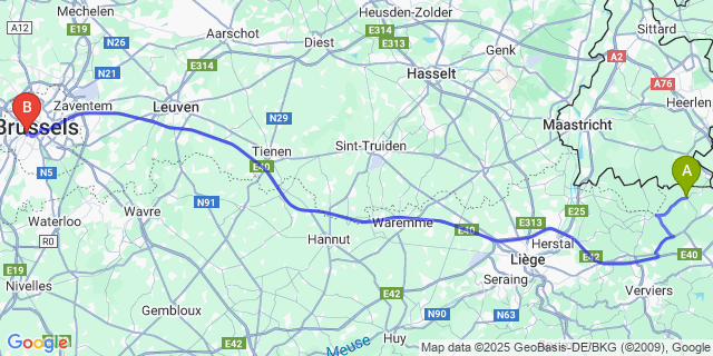 Map: Brussels Midi Train Station to Plombières