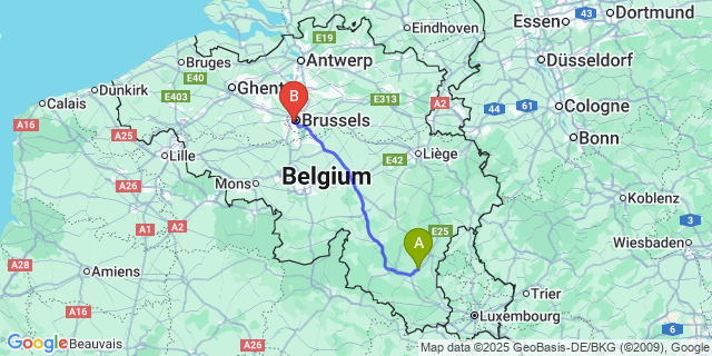 Map: Brussels Midi Train Station to Vaux-sur-Sûre