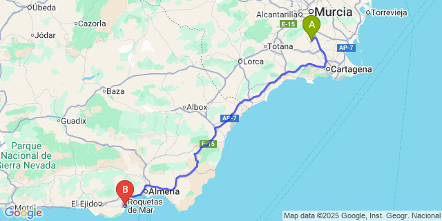 Map: Murcia Airport (RMU) to Roquetas de Mar