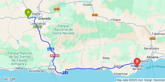 Map: Granada Airport (GRX) to Roquetas de Mar