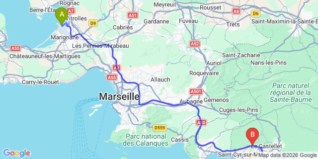 Map: Marseille Airport (MRS) to Camping Capfun La Malissonne