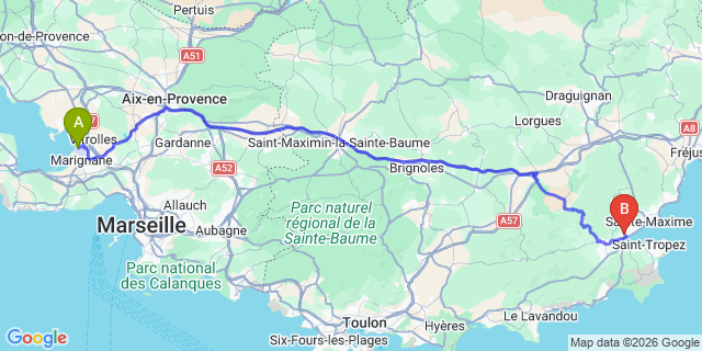 Map: Marseille Airport (MRS) to Camping Domaine des Naiades