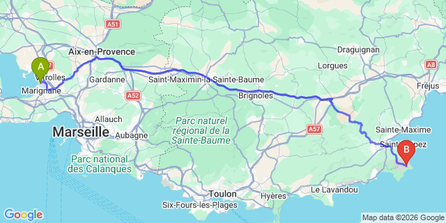 Map: Marseille Airport (MRS) to Camping Yelloh Village Les Tournels