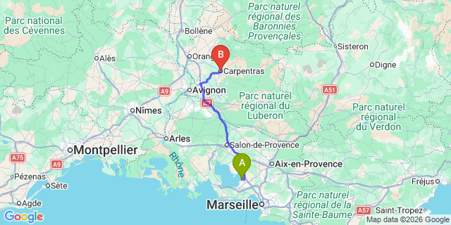 Map: Marseille Airport (MRS) to Carpentras