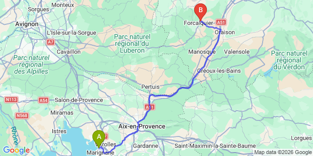 Map: Marseille Airport (MRS) to Forcalquier
