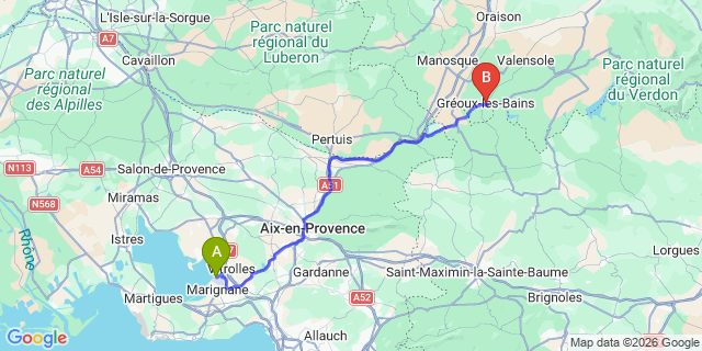 Map: Marseille Airport (MRS) to Greoux-les-Bains