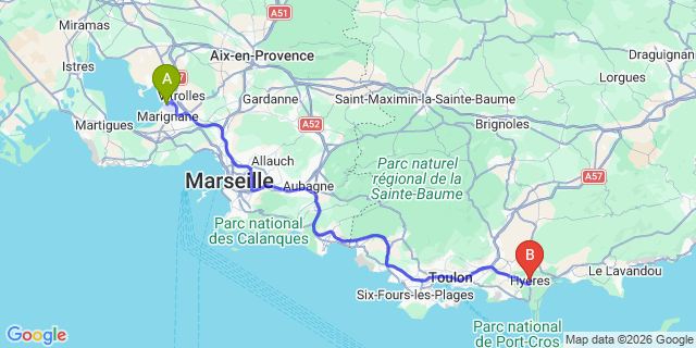 Map: Marseille Airport (MRS) to Hyeres
