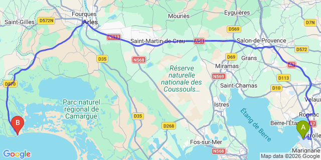 Map: Marseille Airport (MRS) to Les Saintes Maries de la Mer