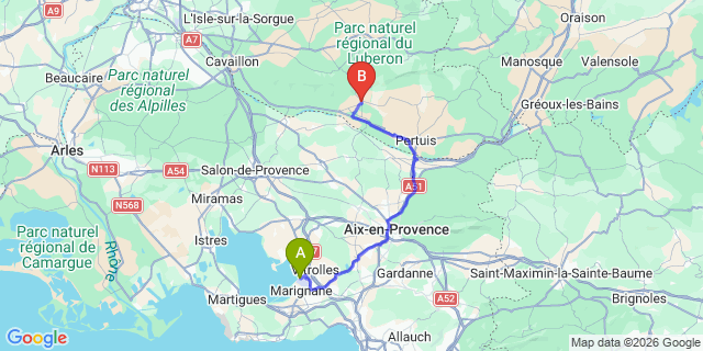 Map: Marseille Airport (MRS) to Lourmarin