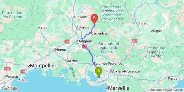 Map: Marseille Airport (MRS) to Malaucene