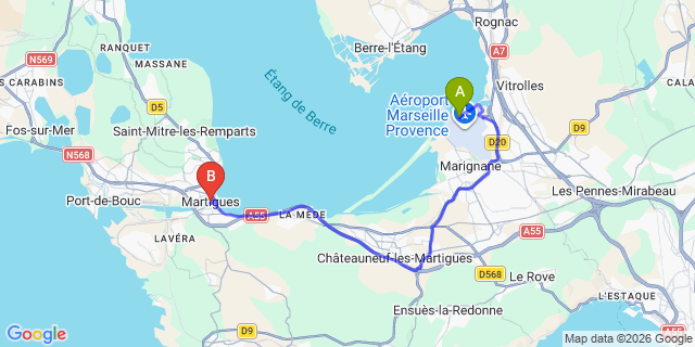 Map: Marseille Airport (MRS) to Martigues