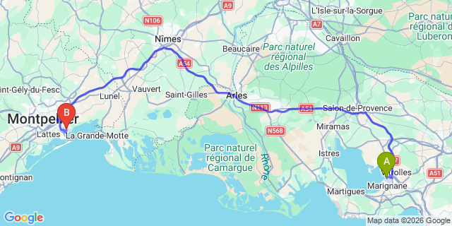 Map: Marseille Airport (MRS) to Montpellier airport