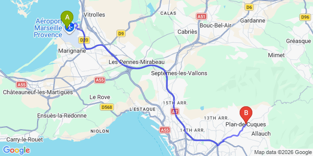 Map: Marseille Airport (MRS) to Plan-de-Cuques