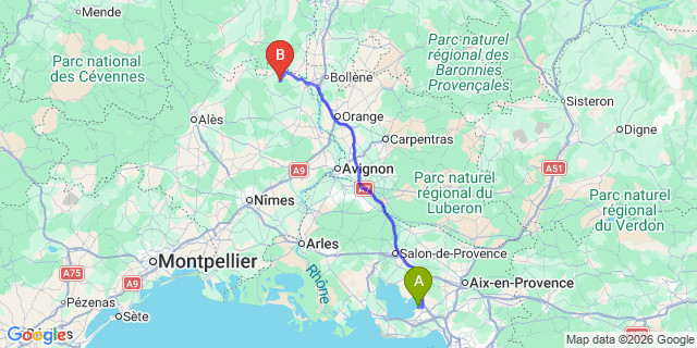 Map: Marseille Airport (MRS) to Saint Christol de Rodieres