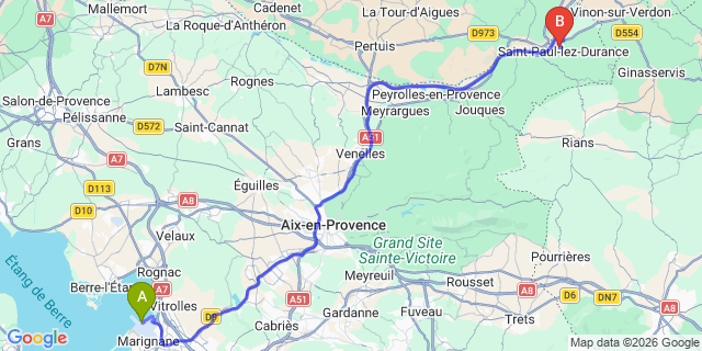 Map: Marseille Airport (MRS) to Saint Paul Lez Durance