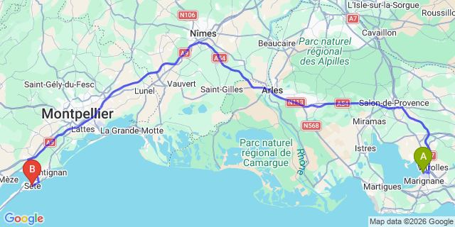 Map: Marseille Airport (MRS) to Sete