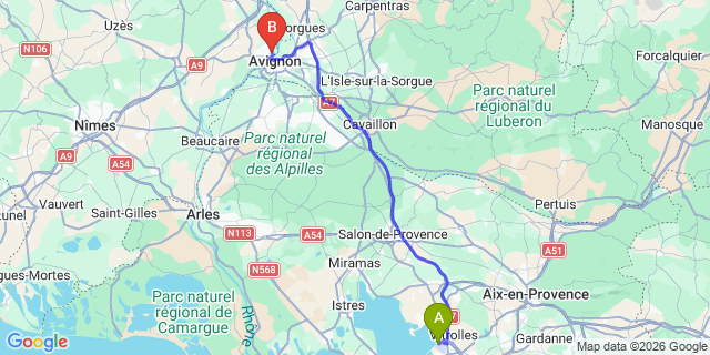 Map: Marseille Airport (MRS) to Villeneuve-les-Avignon