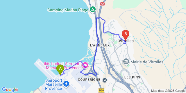 Map: Marseille Airport (MRS) to Vitrolles