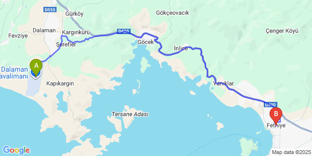 Map: Dalaman Airport (DLM) to Fethiye
