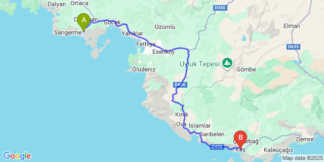 Map: Dalaman Airport (DLM) to Kas