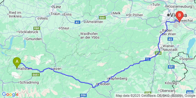 Map: Vienna Airport (VIE), Schwechat, Wien to Hallstatt