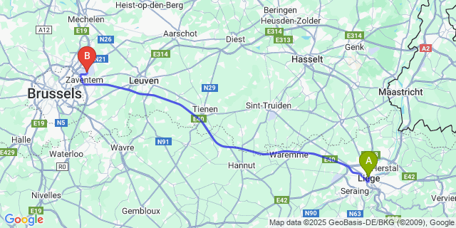 Map: Brussels Zaventem Airport (BRU) to Sauvenière