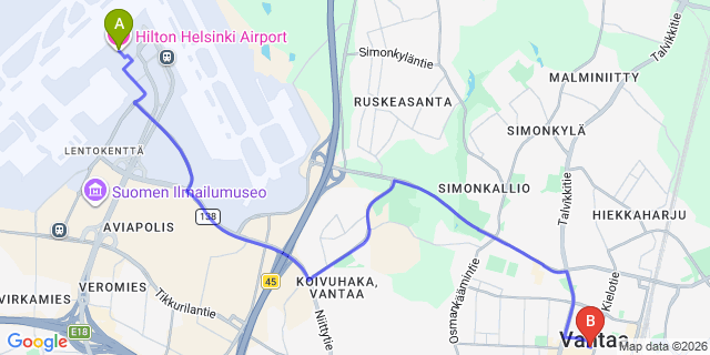 Map: Helsinki Airport (HEL) to Vantaa