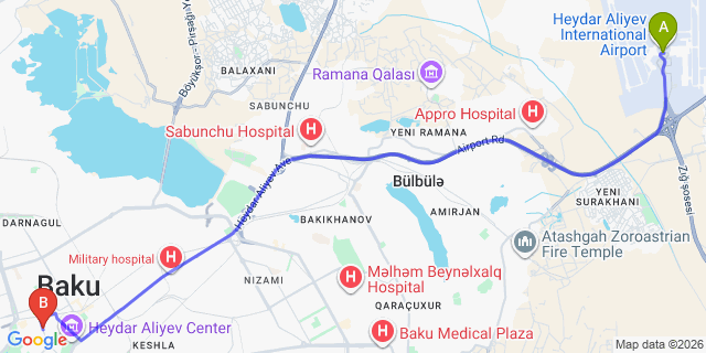 Map: Baku Heydar Aliyev Airport (GYD) to Abu Arena Hotel