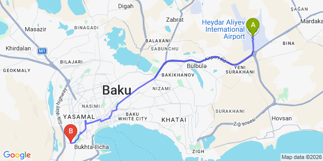 Map: Baku Heydar Aliyev Airport (GYD) to Badamdar Hotel and Residences