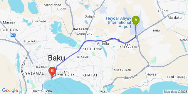 Map: Baku Heydar Aliyev Airport (GYD) to Baku city (all areas)